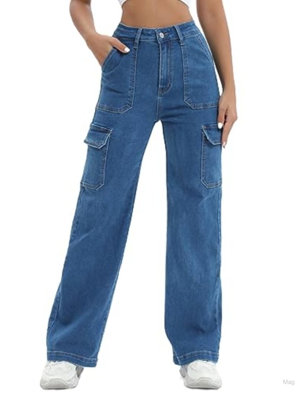 High Waist Cargo Jeans Straight Leg Stretchy Lightweight Women's Denim